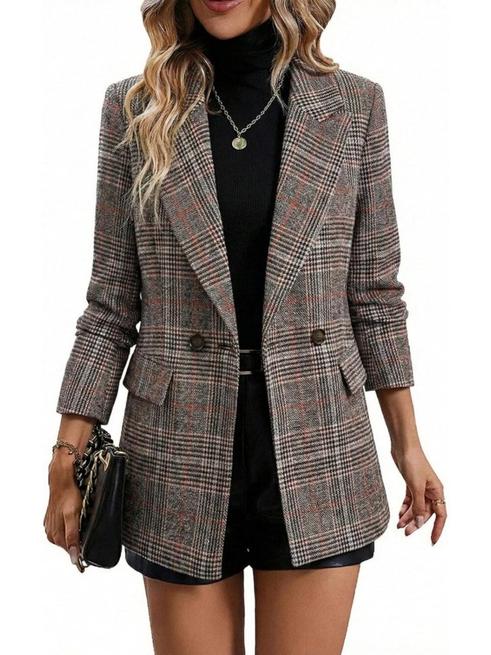 Chic Women's Fall Plaid Blazer Houndstooth Jacket for Business Casual Style